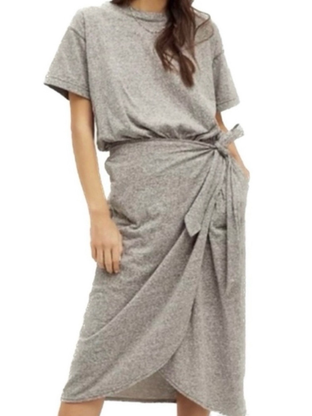 Free People Beach Gray Midi Dress Small Tie Waist Short Sleeve NWOT